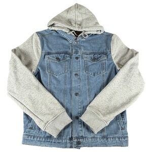 Krispy Kreme Hooded Denim Jacket Mens M Blue Jean Logo Back Graphic NWOT